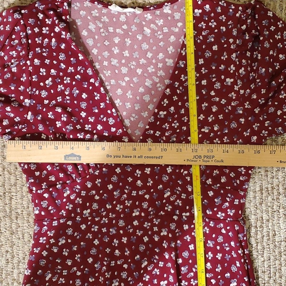 All In Favor Burgundy Floral Puff Sleeve Midi Dress Size M Medium - Picture 9 of 11